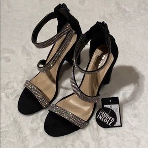 Bling Rhinestone Black Faux Suede Sandals Size 8
